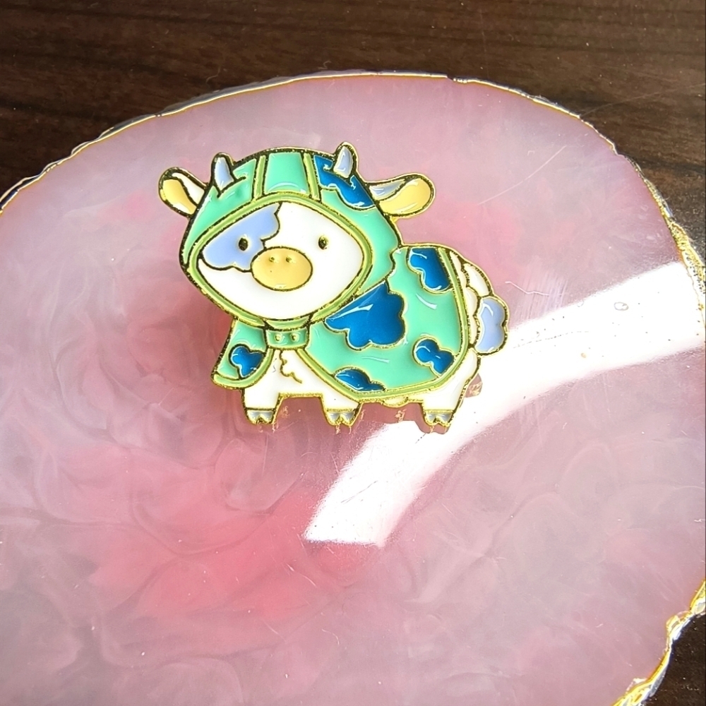 Cute Cow Enamel Pin - Green and Blue